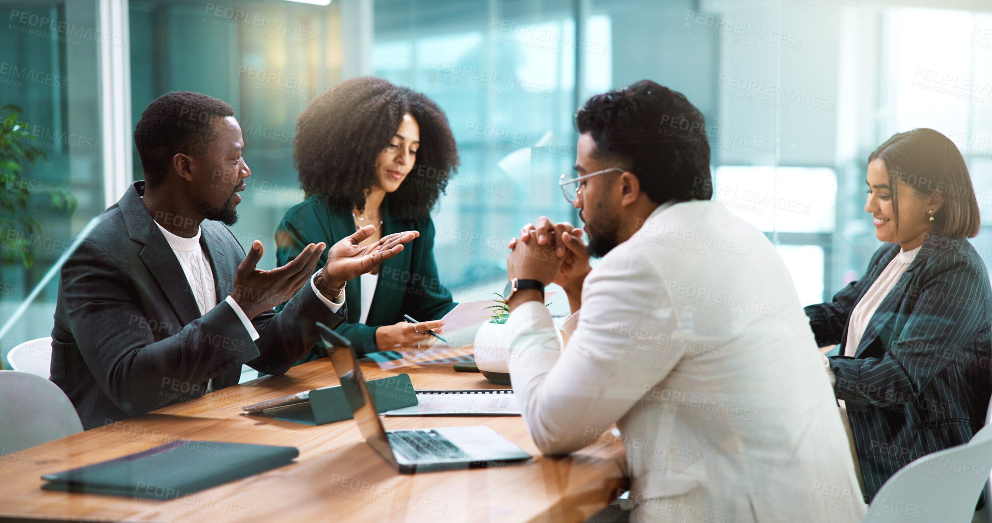 Buy stock photo Meeting, laptop and business people in office for collaboration with finance budget planning. Discussion, corporate and team of financial managers with review for investment proposal in workplace.