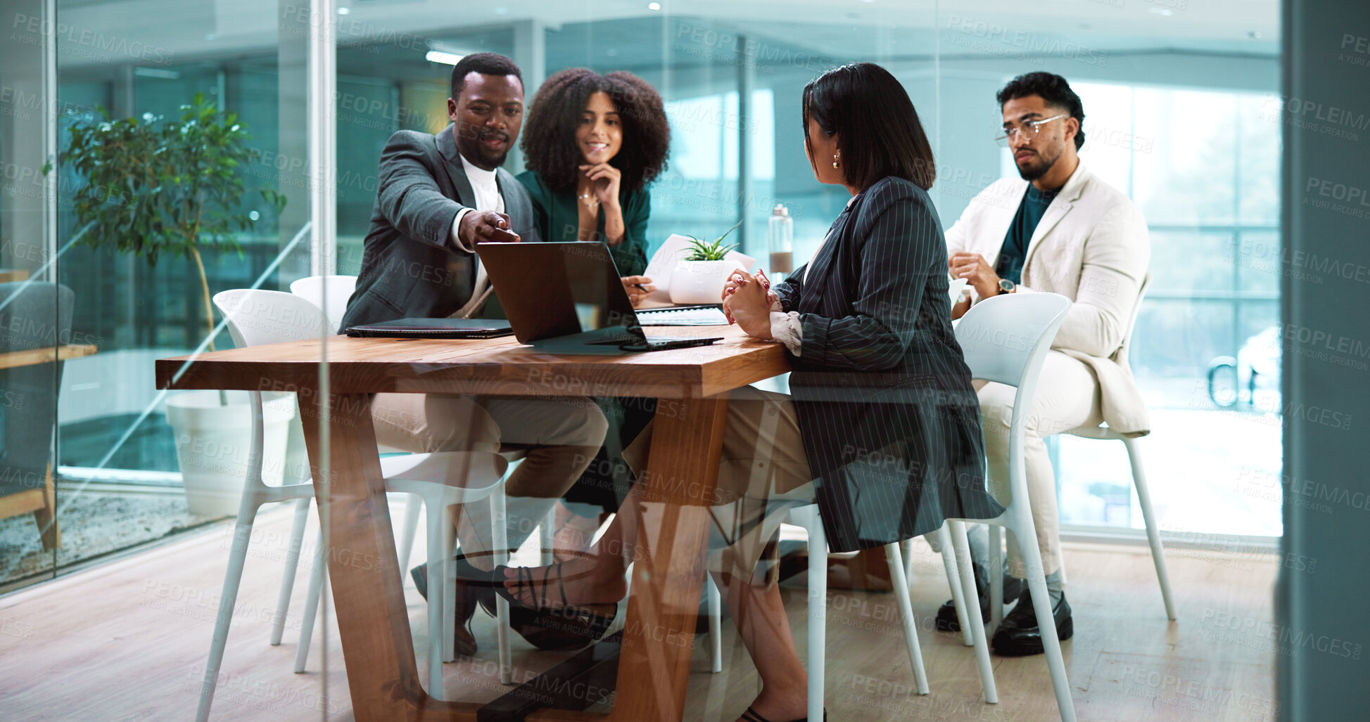 Buy stock photo Meeting, teamwork and business people in office with laptop for finance budget planning. Discussion, computer and group of financial advisors with proposal in collaboration for investment account.
