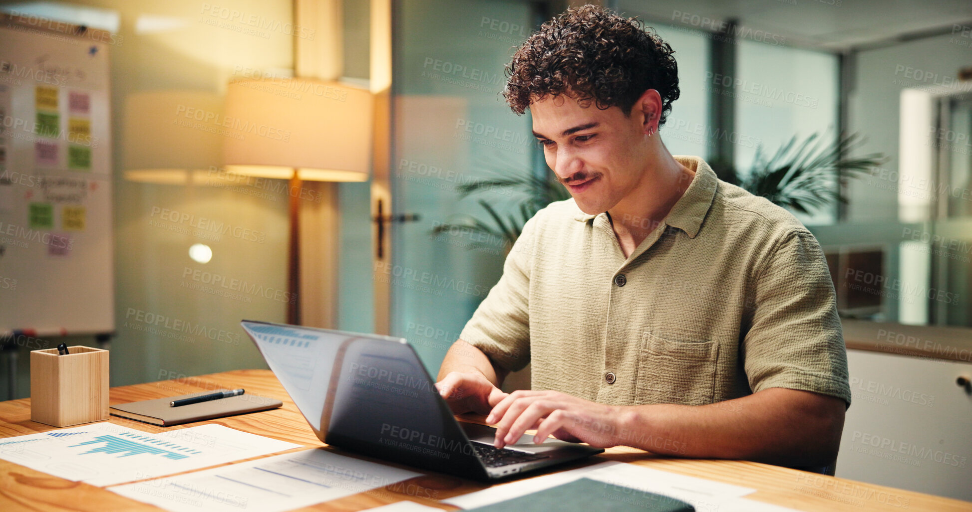 Buy stock photo Man, typing and laptop in office at night of accounting, finance report and budget review. Accountant, pc and taxes audit for update revenue, financial information and investment feedback of deadline
