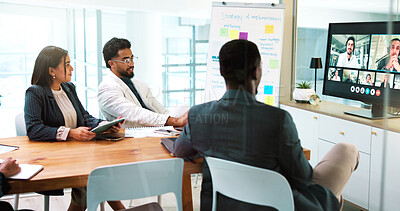 Buy stock photo Computer screen, development and video call with business people in office boardroom for webinar. Coaching, display and virtual meeting with employee team in workplace for online seminar or workshop