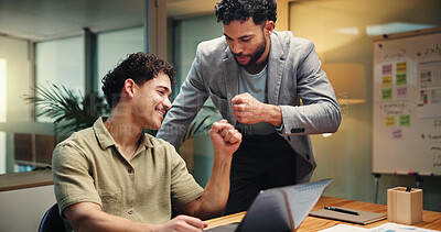 Buy stock photo Happy, businessmen or night with fist bump or laptop for project deadline or success in office. Male people, colleagues or analyst working late with touch, smile or computer for good job or well done