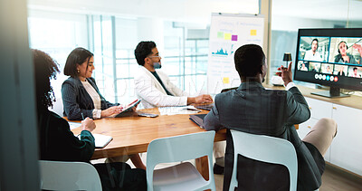 Buy stock photo Video call, meeting and business people on screen for presentation, discussion and planning with chart. Team, collaboration and men with women for webinar, conference and communication in office