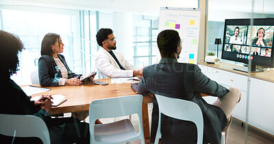 Buy stock photo Computer screen, feedback and video call with business people in office boardroom for webinar. Display, review and virtual meeting with employee team in workplace for online seminar or workshop