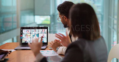 Buy stock photo Conversation, laptop screen and video call with business people in boardroom for online planning. Communication, computer and virtual meeting with employee team in office for development webinar