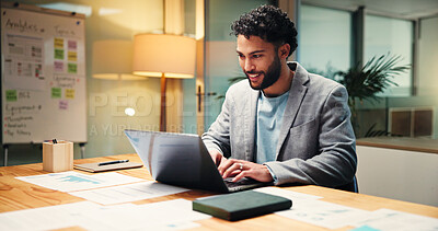 Buy stock photo Business, man and reading on laptop at night of accounting, finance report and budget review. Accountant, PC and taxes audit to update revenue, financial information and investment agenda of deadline