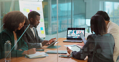 Buy stock photo Laptop screen, tablet and video call with employee people in boardroom for online planning. App, computer and virtual meeting with business team in office for communication or development webinar