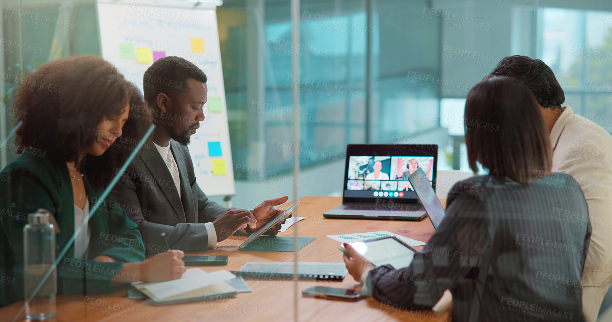 Buy stock photo Laptop screen, tablet and video call with employee people in boardroom for online planning. App, computer and virtual meeting with business team in office for communication or development webinar