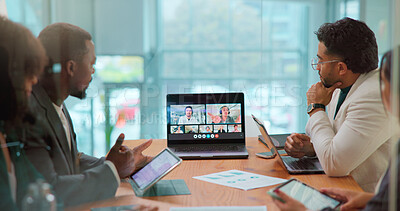 Buy stock photo Development, laptop screen and video call with employee people in office boardroom for webinar. Coaching, computer and virtual meeting with business team in workplace for online seminar or workshop