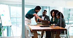 Business people, group and laptop for planning in office, financial analysis or charts. Manager, computer and discussion for project in meeting, risk assessment or investment metrics with training