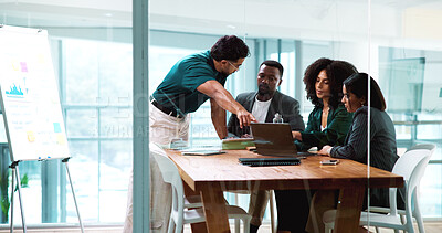 Buy stock photo Business people, group and laptop for planning in office, financial analysis or charts. Manager, computer and discussion for project in meeting, risk assessment or investment metrics with training