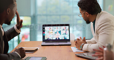 Buy stock photo Laptop screen, video call and wave  with business people in boardroom for online planning. Computer, conversation and virtual meeting with employee team in corporate office for development webinar
