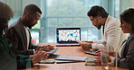 Laptop screen, tablet and video call with business people in office boardroom for online planning. App, computer and virtual meeting with corporate employee team in workplace for development webinar