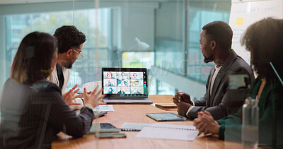 Buy stock photo Communication, laptop screen and video call with business people in boardroom for online planning. Conversation, computer and virtual meeting with employee team in office for development webinar