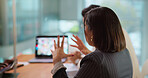 Hands, laptop screen and video call with business people in boardroom for online planning. Computer, explain and virtual meeting with employee team in office for communication or development webinar