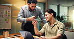 Businessmen, night and laptop with fist bump for project deadline or success together in office. Male people, employees or analyst working late with touch, smile or computer for good job or well done
