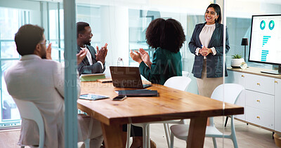 Buy stock photo Applause, presentation and business people in office with celebration for finance, goal or target. Meeting, clapping hands and group of financial managers with good news for investment proposal.