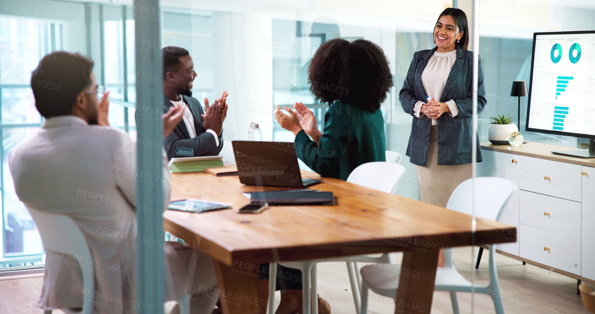 Buy stock photo Applause, presentation and business people in office with celebration for finance, goal or target. Meeting, clapping hands and group of financial managers with good news for investment proposal.