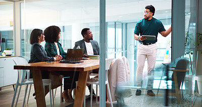 Buy stock photo Businessman, presentation and team with tablet, board and talk with agenda, feedback or planning at meeting. Business people, speaker and group at office with review, tech and app at finance agency