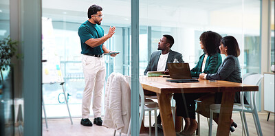 Buy stock photo Businessman, presentation and team with tablet, talk and board with agenda, feedback or planning at meeting. Business people, speaker or solution at office for review, tech or app at finance agency