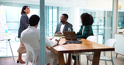 Buy stock photo Presentation, meeting and business people in office with whiteboard for finance forecasting. Collaboration, explaining and team of financial advisors with manager for investment planning in workplace