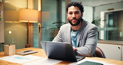 Buy stock photo Businessman, financial analyst or portrait with laptop at night for company report in office. Man, accountant or finance advisor working late with computer or documents for budget review in workplace