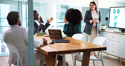Buy stock photo Woman, presentation and team with applause for finance results, charts and smile by monitor at office. Business people, speaker and happy group with celebration, success and profit increase at agency