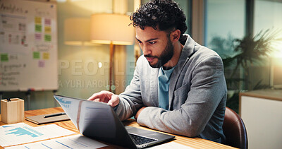 Buy stock photo Man, reading and laptop in office at night of accounting, finance report and budget review. Accountant, pc or taxes audit of revenue policy, financial information and investment  feedback of deadline