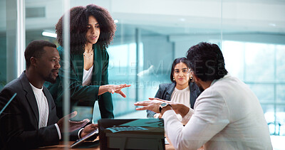 Buy stock photo Conversation, meeting and business people for partnership, merger or contract in office. B2B deal, team and discussion with strategy, paperwork or client introduction for collaboration agreement