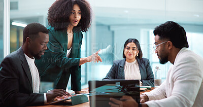 Buy stock photo Business people, meeting and collaboration with idea in office, insurance proposal or feedback. Manager, laptop and team discussion for project, problem solving and development with policy by glass