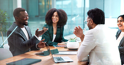 Buy stock photo Laugh, laptop and business people in meeting in office for collaboration with finance budget planning. Discussion, corporate and financial managers with review for investment proposal in workplace.