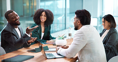 Buy stock photo Discussion, teamwork and business people in office with laptop for finance budget planning. Meeting, computer and team of financial advisors with proposal in collaboration for investment account.