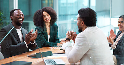 Buy stock photo Happy, applause and people in boardroom for meeting, laughing and celebration with financial growth. Excited, group and colleagues with tech for sales, achievement and clapping for business success