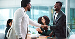 Shaking hands, meeting and business people for partnership, merger or thank you in office. B2B deal, team and handshake for welcome, congratulations or client introduction for collaboration agreement