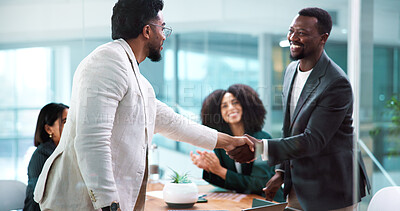 Buy stock photo Shaking hands, meeting and business people for partnership, merger or thank you in office. B2B deal, team and handshake for welcome, congratulations or client introduction for collaboration agreement