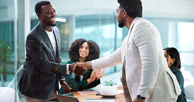 Buy stock photo Handshake, meeting and business people for partnership, deal or thank you in office. B2B merger, team and shaking hands for welcome, congratulations or client introduction for collaboration agreement