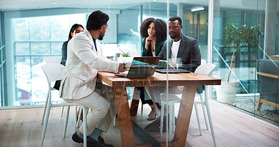 Buy stock photo Discussion, laptop and business people in office for collaboration with finance budget planning. Meeting, corporate and team of financial managers with review for investment proposal in workplace.