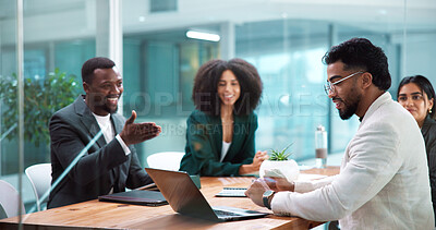 Buy stock photo Happy, laptop and business people in meeting in office for collaboration with finance budget planning. Discussion, corporate and financial managers with review for investment proposal in workplace.