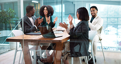 Buy stock photo Applause, meeting and business people in office with celebration for finance goal, target or teamwork. Happy, clapping hands and group of financial managers with good news for investment proposal.