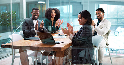 Buy stock photo Applause, laptop and business people in meeting in office with celebration for finance, goal or target. Happy, clapping hands and group of financial managers with good news for investment proposal.