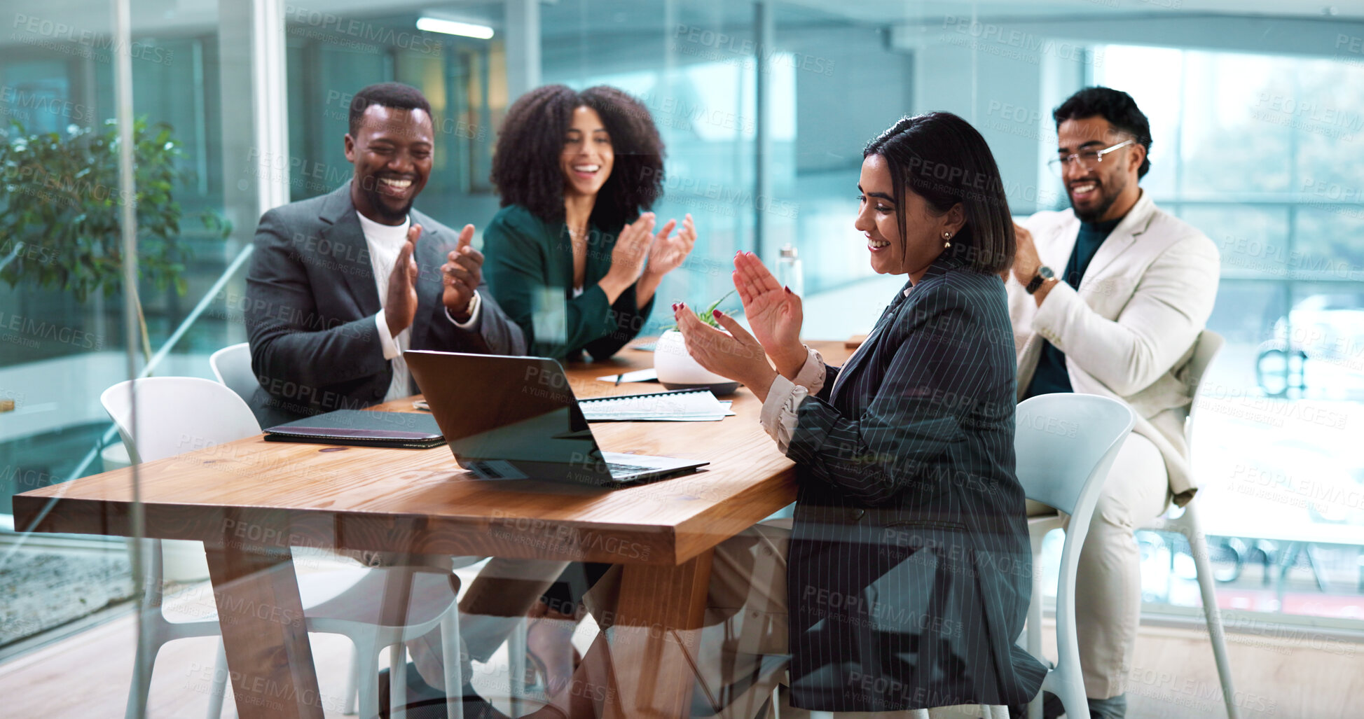 Buy stock photo Applause, laptop and business people in meeting in office with celebration for finance, goal or target. Happy, clapping hands and group of financial managers with good news for investment proposal.