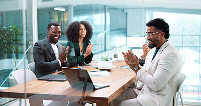 Buy stock photo Clapping hands, meeting and business people in office with celebration for finance, goal or target. Happy, applause and team of financial managers with good news for investment proposal in workplace.