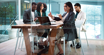 Buy stock photo Meeting, explaining and business people in office with laptop for finance budget planning. Discussion, computer and team of financial advisors with proposal in collaboration for investment account.