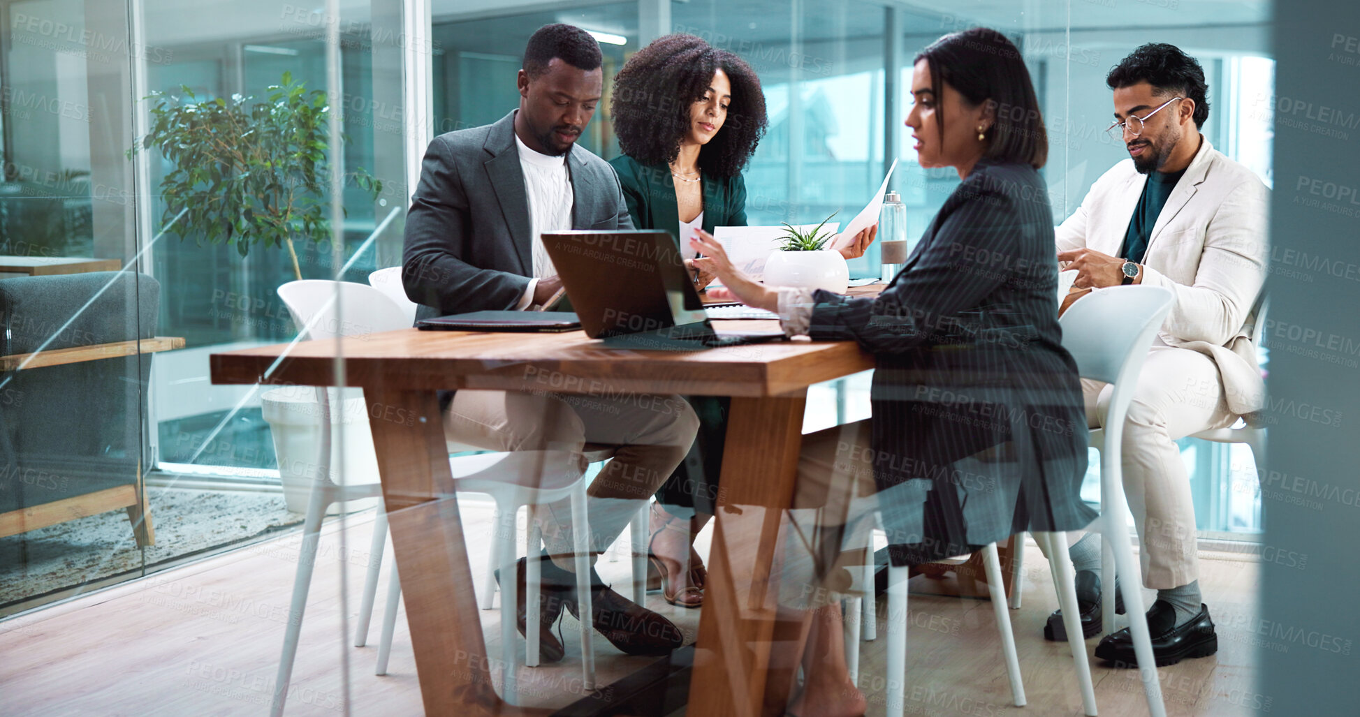 Buy stock photo Business people, team and collaboration with idea in office, insurance proposal or paper. Manager, laptop and discussion for project in meeting, problem solving or development with policy by glass