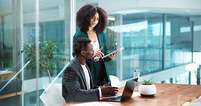 Buy stock photo Business people, meeting and discussion with laptop in office, insurance proposal or feedback. Manager, tablet and team training for project, problem solving and help with policy development review