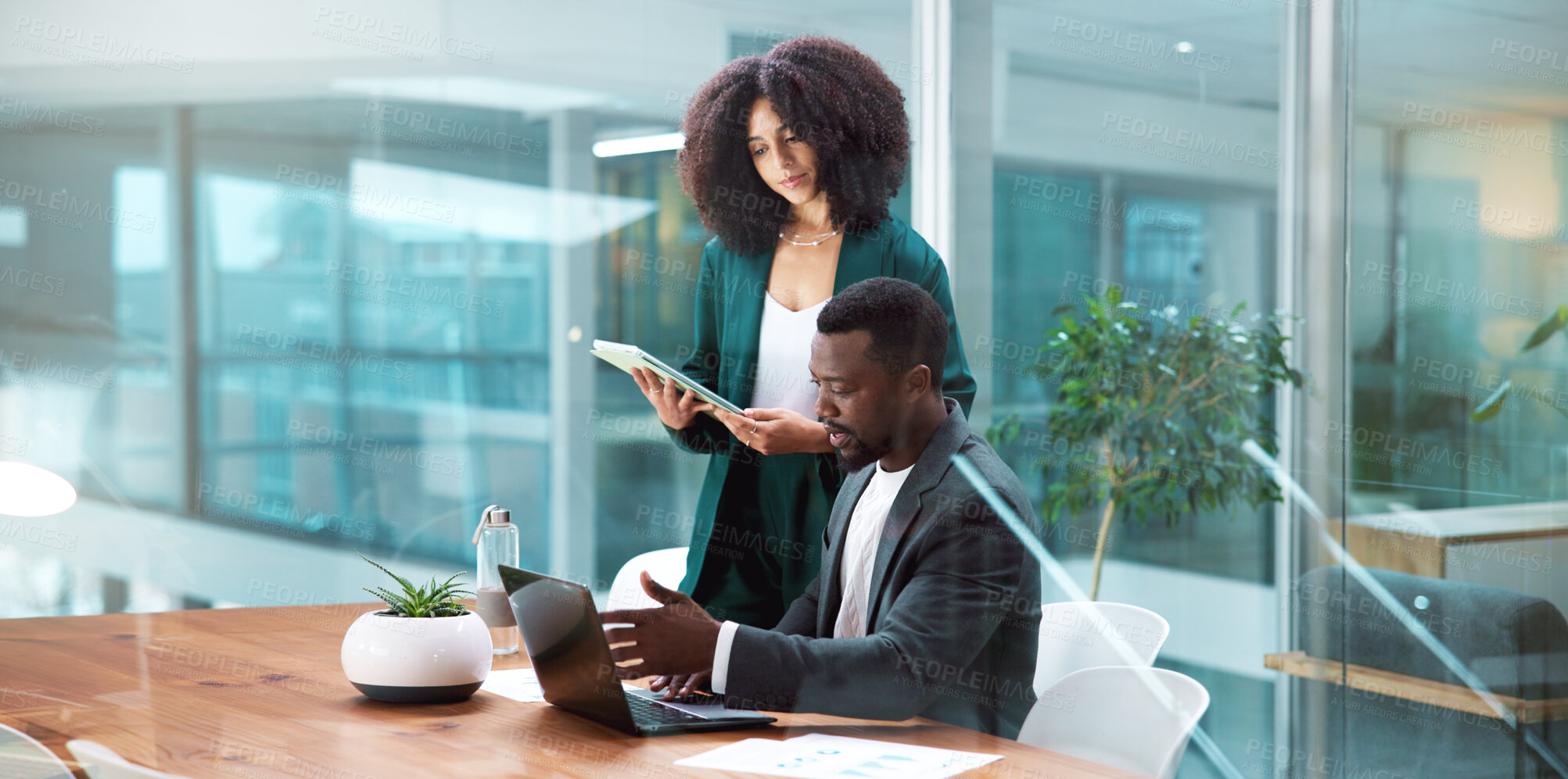 Buy stock photo Business, people and explain with laptop in office for accounting, finance report and budget review. Staff, team and tablet with financial proposal, audit information and policy update of investment
