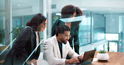 Buy stock photo Collaboration, laptop and research with business people in boardroom together for discussion or update. Computer, conversation and planning with employee team in glass office for project management