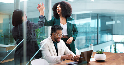 Buy stock photo Team, business people and high five in office for celebration, winning or financial trading. Happy workers, hands together and success for stock market target, goal achievement and laugh with laptop