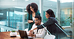 Collaboration, laptop and pointing with business people in boardroom together for discussion or update. Computer, conversation and question with employee team in glass office for project management