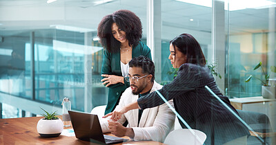 Buy stock photo Collaboration, laptop and pointing with business people in boardroom together for discussion or update. Computer, conversation and question with employee team in glass office for project management