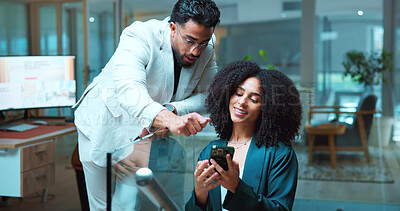 Buy stock photo Business people, phone and team in office for planning, financial report and review budget. Talk, discussion and digital tech on stairs for teamwork, finance feedback and information for investment